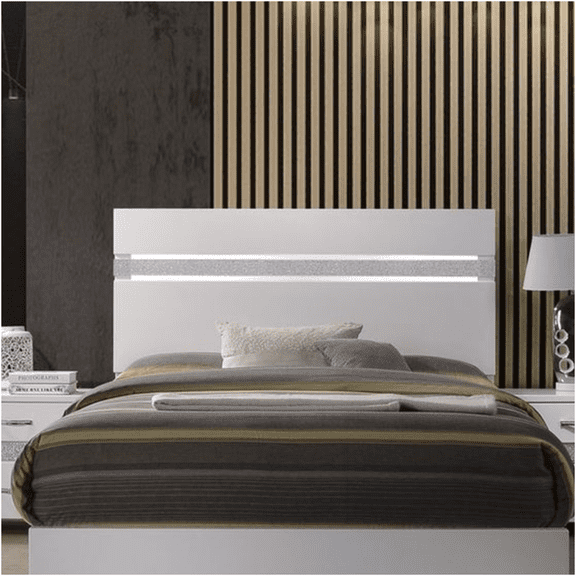JERFIT Queen Bed Frame with Headboard, Modern High Gloss White Platform Bed with Acrylic Panel, Low Profile Footboard, No Box Spring Needed