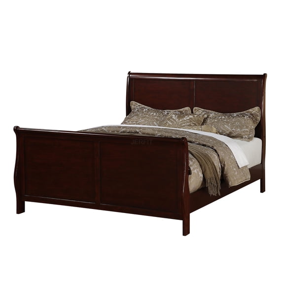 JERFIT Queen Bed Frame with Sleigh Headboard, Modern Dark Cherry Finish, Louis Philippe Style Bedroom Furniture for Elegant Master Bedroom