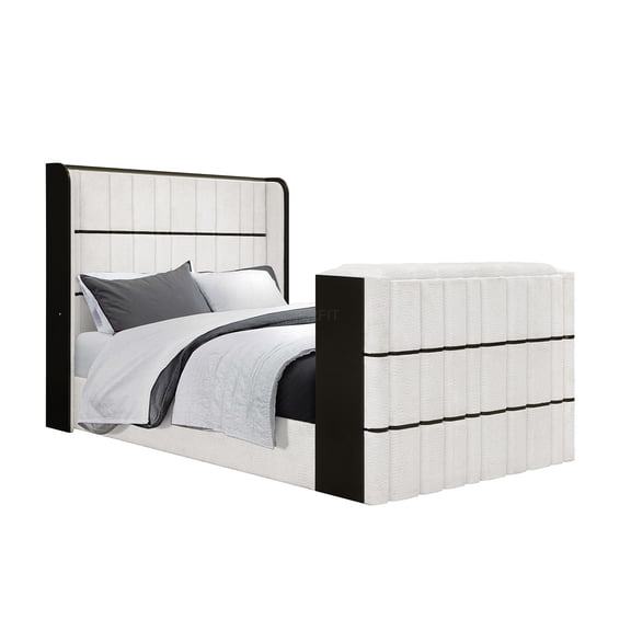 JERFIT Queen Bed Frame with TV Lift, Fireplace, Built-in Speakers, LED Lights and Upholstered Headboard in White and Black