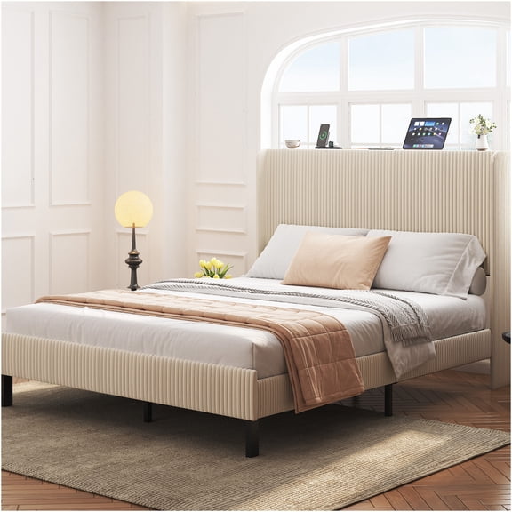 JERFIT Queen Bed Frame with USB Charging Station, Beige Platform Bed, No Box Spring Needed, Noise Free Metal Wood Structure, Easy Assembly