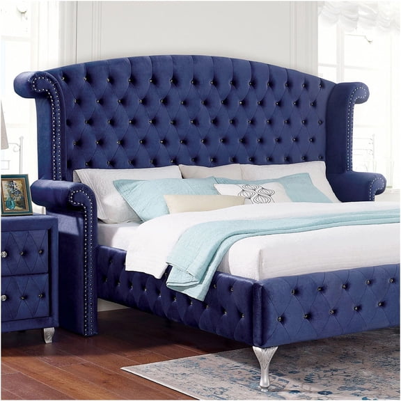 JERFIT Queen Bed Frame with Upholstered Wingback Headboard, Blue Velvet Fabric, Tufted Button Accents Nailhead Trim