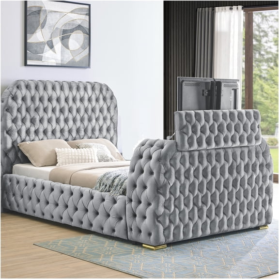 JERFIT Queen Bed with TV Lift Electric Fireplace, Upholstered Gray Velvet Headboard, Modern Platform Bed Frame with Storage, Remote Control, No Mattress