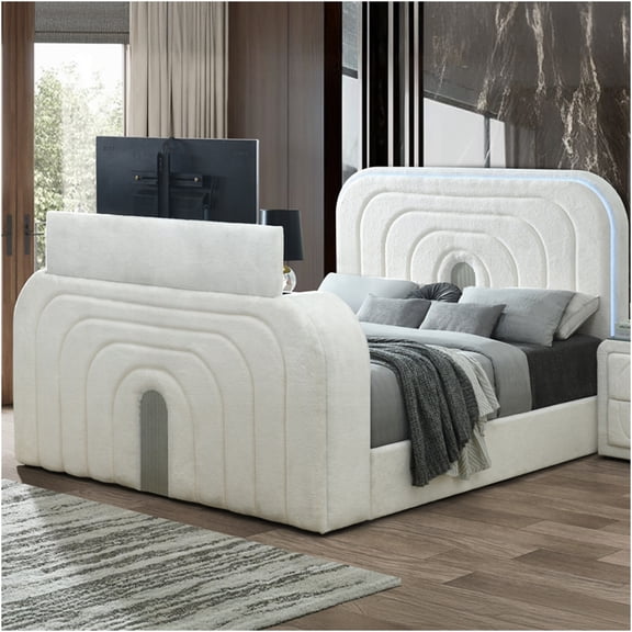 JERFIT Queen Bed with LED Headboard, Bluetooth Fireplace TV Lift Cabinet, White Teddy Sherpa Upholstered Platform Bed Frame with Storage
