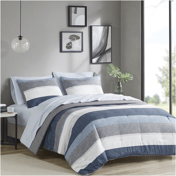JERFIT Queen Blue Grey Stripe Comforter Set, 7-Piece Bed in a Bag with Microfiber Sheets, Hypoallergenic & Antimicrobial Bedding Collection