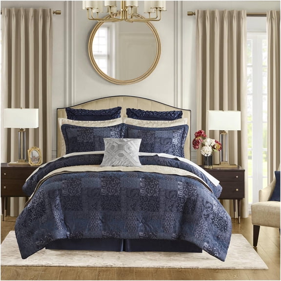 JERFIT Queen Comforter Set 4-Piece, Navy Blue Chenille Bedding Set with Comforter, Sham & Bed Skirt, Soft Microfiber Polyester, Luxury Hotel Style