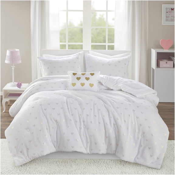 JERFIT Queen Comforter Set 4PC, White and Gold Metallic Heart Print, Ultra Soft Plush Bedding Set with Sham & Pillow, Hypoallergenic, Machine Washable