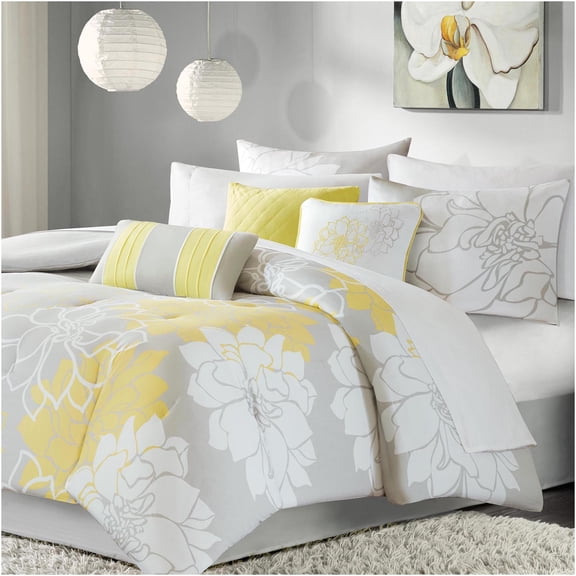 JERFIT Queen Comforter Set with Floral Print, 7-Piece Bedding Set Includes Comforter, Skirt, Shams & Pillows, Hypoallergenic & OEKO-TEX Certified, Yellow and Grey