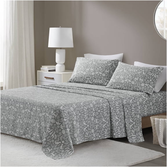 JERFIT Queen Flannel Sheet Set 4-Piece, 100% Cotton Printed Bedding Set with Sage Winter Fauna Pattern, All-Season Soft & Warm