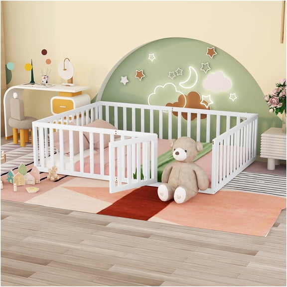 JERFIT Queen Floor Bed Frame with Gate, Low Profile Platform Bed with Safety Fence, Solid Wood Structure, No Box Spring Needed, Easy Assembly, White