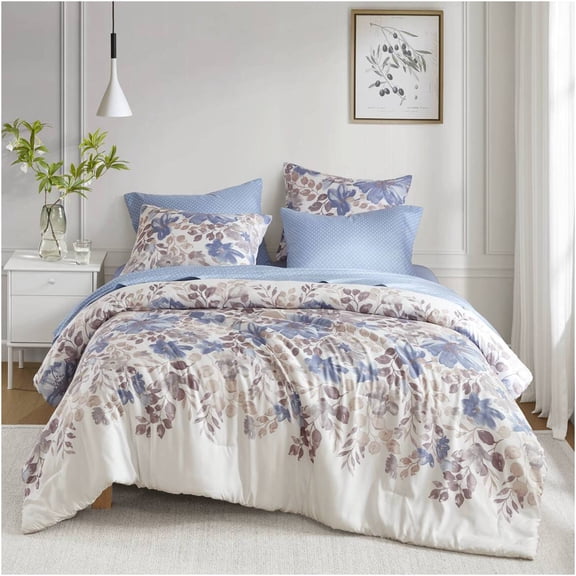 JERFIT Queen Floral Comforter Set, Blue Bed in a Bag with Sheets & Pillowcases, All-in-One Soft Microfiber Bedding Set