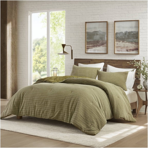 JERFIT Queen/Full Comforter Set, 3-Piece Cotton Waffle Weave Bedding Set, Stone Washed Soft & Breathable All-Season Duvet Insert with Shams, Sage Green
