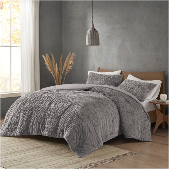JERFIT Queen Full Luxury Faux Fur Comforter Set, Grey Ruched Down Alternative Bedding with Shams, All Season Medium Weight