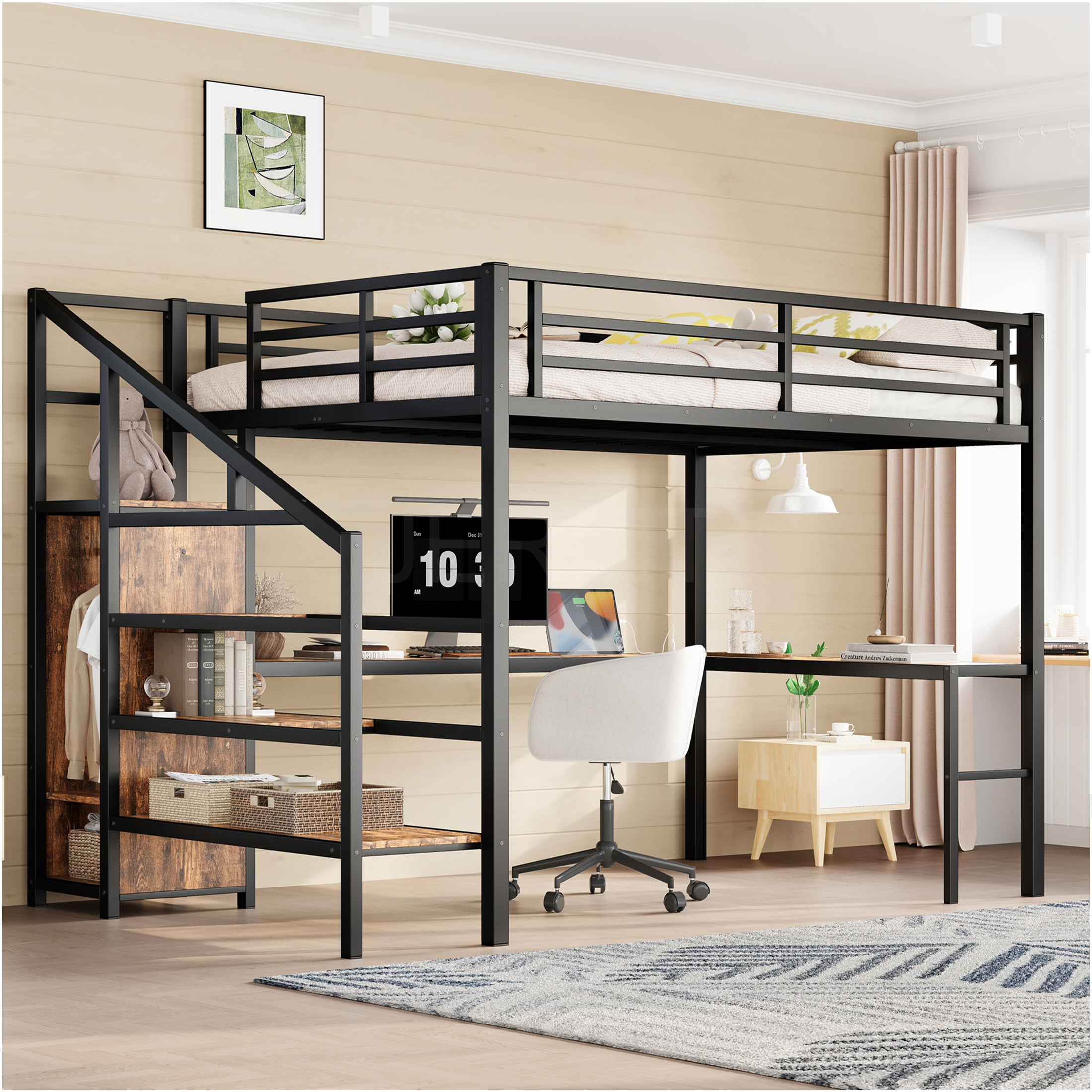 JERFIT Queen Loft Bed Frame with L-Shaped Desk, Wardrobe Stairs, USB ...