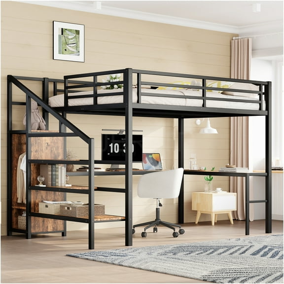 JERFIT Queen Loft Bed Frame with L-Shaped Desk, Wardrobe Stairs, USB Charging LED Lights, Space-Saving Metal Bunk Bed for Small Rooms, Black Woodgrain Finish