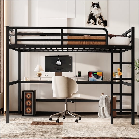 JERFIT Queen Loft Bed with Power Outlet, LED, Black