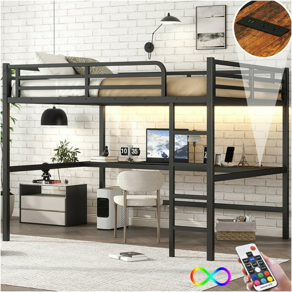 JERFIT Queen Loft Bed with Power Outlet, LED, Black