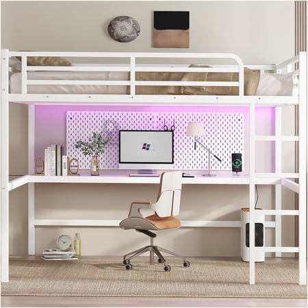JERFIT Queen Loft Bed with Power Outlet, LED, White