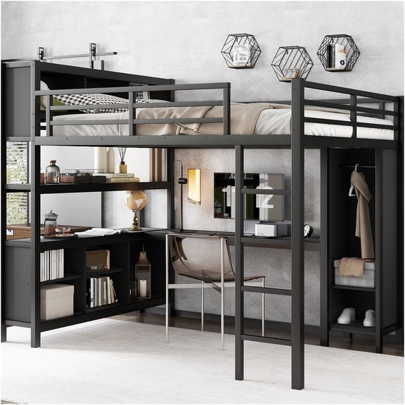 JERFIT Queen Loft Bed with Wardrobe, L-shaped Desk, Storage, Black