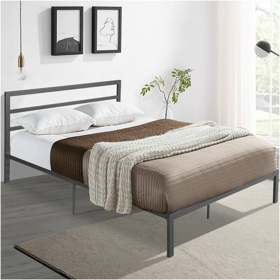 JERFIT Queen Metal Bed Frame with Headboard, 10.83 Underbed Storage Space, No Box Spring Needed, Heavy Duty Platform Mattress Foundation in Charcoal Grey