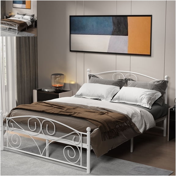 JERFIT Queen Metal Platform Bed Frame with Headboard, No Box Spring Needed, White