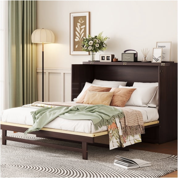 JERFIT Queen Murphy Bed Cabinet with Storage Drawer, Espresso Finish, Space Saving Wall Bed with Rattan Accent, Solid Pine Wood Frame, No Box Spring Needed