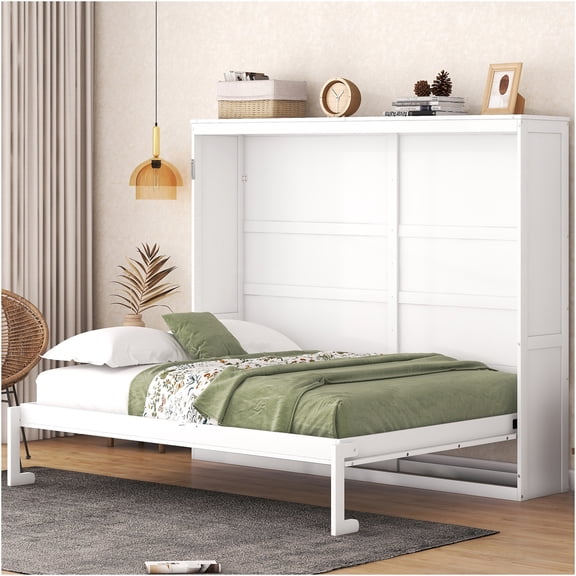 JERFIT Queen Murphy Bed with Cabinet, White Space Saving Wall Bed, No Box Spring Needed, Folding Bed for Home Office, Guest Room, Durable Plywood MDF Construction