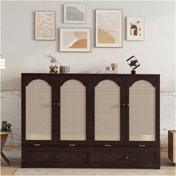 JERFIT Queen Murphy Bed with Power Outlet USB Charging Station, Espresso Finish Pine Wood Wall Bed with Rattan Door and Storage Drawer for Space Saving