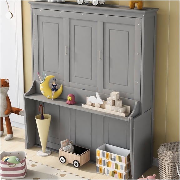 JERFIT Queen Murphy Bed with Floating Shelf, Space Saving Wall Bed Cabinet, No Box Spring Needed, Modern Gray Finish, Solid Wood Construction