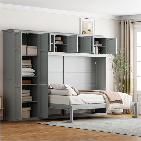 JERFIT Queen Murphy Bed with Storage Cabinets, Gray Space Saving Wall Bed with Flip-Up Mechanism