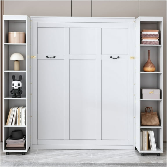 JERFIT Queen Murphy Bed with Storage Cabinets, Vertical Wall Bed Unit, Space Saving White Fold Up Bed Furniture for Home