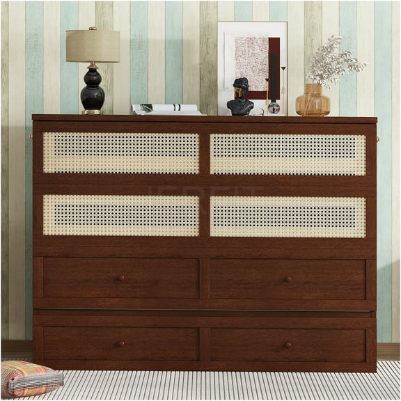 JERFIT Queen Murphy Bed with Storage Drawer, Space Saving Wall Bed Cabinet with Rattan Door, Walnut Finish, Solid Pine Wood