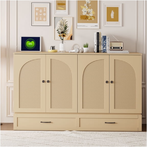 JERFIT Queen Murphy Bed with Storage Drawers, Wall Mounted Foldable Bed with USB Charging, Gold Finish, Space Saving Cabinet Bed for Home