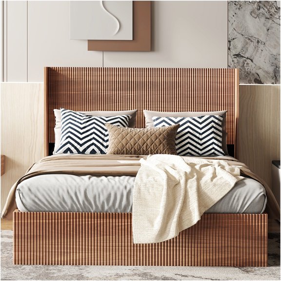 JERFIT Queen Platform Bed Frame with Hydraulic Lift Up Storage, Modern Wooden Slat Design, Rustic Natural Finish, Sturdy Iron Construction, Easy Assembly