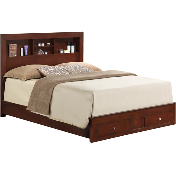 JERFIT Queen Platform Bed Frame with Storage, Cherry Finish, No Box Spring Needed, Engineered Wood, Modern Bedroom Furniture