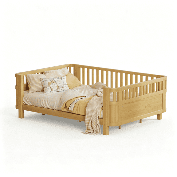 JERFIT Queen Platform Bed with Safety Rails, Low Profile Solid Wood Bed Frame, Natural Finish, No Box Spring Needed