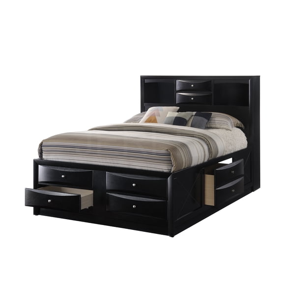 JERFIT Queen Platform Bed with Storage, Bookcase Headboard 8 Drawers, Modern Wood Bedroom Furniture in Black