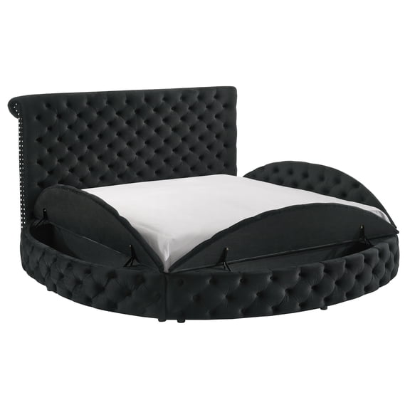 JERFIT Queen Round Velvet Storage Bed with Button Tufted Headboard, Plush Upholstered Platform Bed Frame, Black