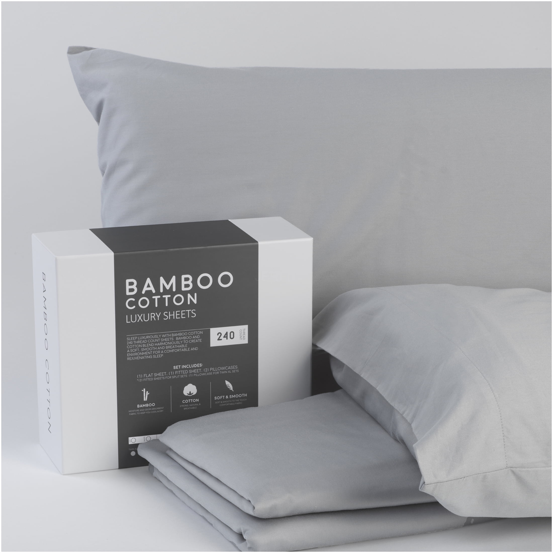 JERFIT Queen Sheets Set - Light Gray Bamboo Cotton Blend Bed Sheets - 4 PC Soft & Breathable, Moisture Wicking, 240 Thread Count Sateen Weave