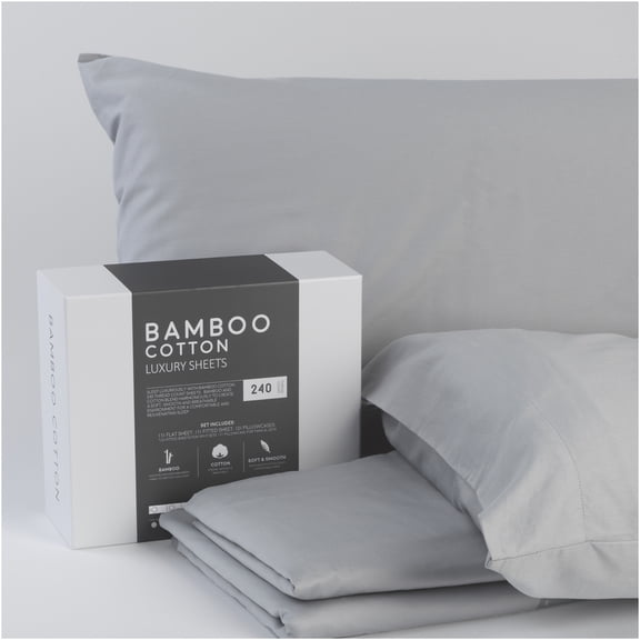 JERFIT Queen Sheets Set - Light Gray Bamboo Cotton Blend Bed Sheets - 4 PC Soft & Breathable, Moisture Wicking, 240 Thread Count Sateen Weave