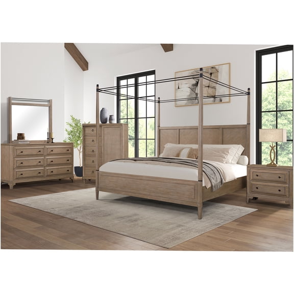JERFIT Queen Size 5-Piece Canopy Bedroom Set in Sand Finish with USB Nightstand, Dresser, Mirror, Chest and 2-Drawer Nightstand, Solid Wood & MDF Construction