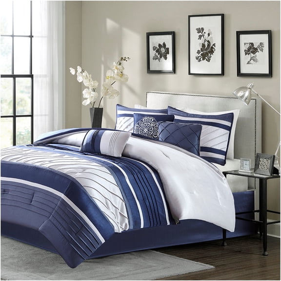 JERFIT Queen Size 7-Piece Navy Comforter Set - All-Season Luxury Bedding Collection with Faux Silk & Decorative Pillows