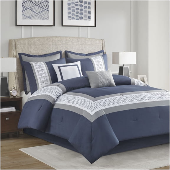 JERFIT Queen Size 8-Piece Comforter Set, Navy Embroidered Bedding Set with Euro Shams & Bed Skirt, Hotel Luxury Style, Hypoallergenic & Wrinkle-Resistant Polyester Microfiber