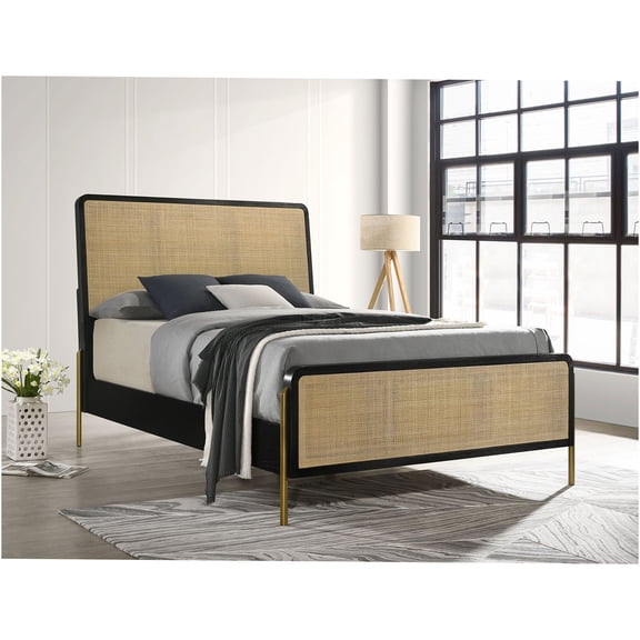 JERFIT Queen Size Bed Frame, Black Woven Rattan Platform Bed with Upholstered Headboard, Modern Coastal Style Bedroom Furniture