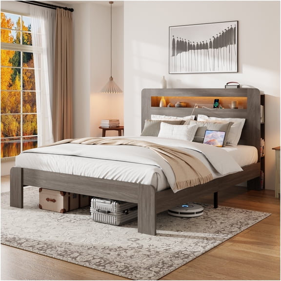 JERFIT Queen Size Bed Frame with LED Headboard USB Charging, 2-in-1 Storage Platform Bed, Noise Free, Tool-Free Assembly, No Box Spring Needed, Dawn Grey