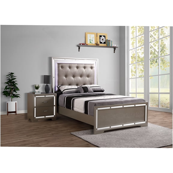 JERFIT Queen Size Bed Frame with Upholstered Headboard, Modern Champagne Platform Bed with Mirror Accents, Croc-Embossed Faux Leather, No Box Spring Needed