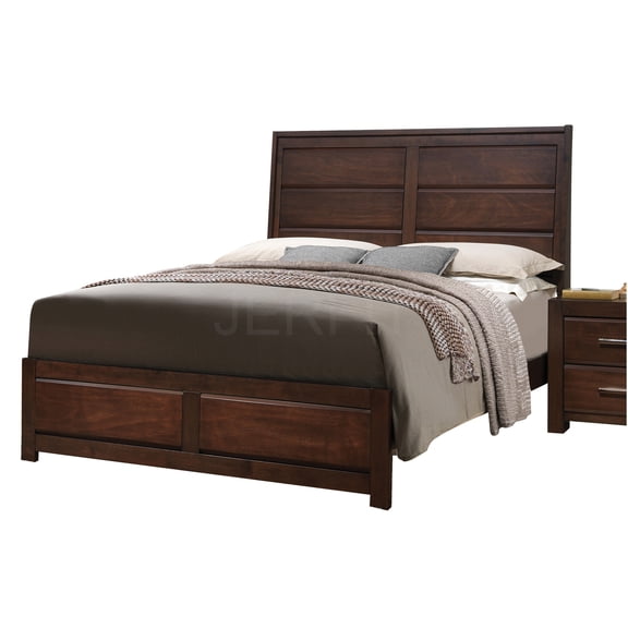 JERFIT Queen Size Bed Frame with Headboard, Walnut Finish Panel Platform Bed, No Box Spring Needed with Wood Slat Support