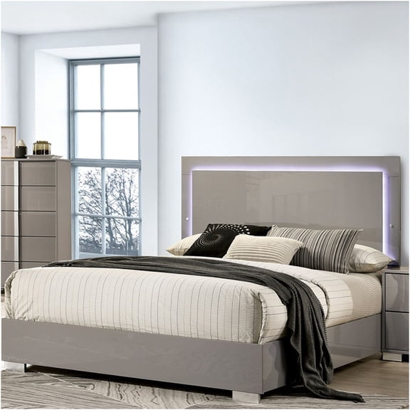 JERFIT Queen Size Bed Frame with LED Headboard, Modern Light Taupe Upholstered Platform Bed with Storage, No Box Spring Needed