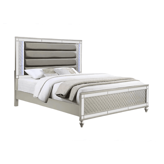 JERFIT Queen Size Bed Frame with LED Lights, Modern Silver Upholstered Channel Tufted Panel Platform Bed, Wood Structure, No Box Spring Needed