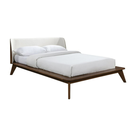 JERFIT Queen Size Bed Frame with Winged Headboard, Solid Wood Platform Base, Mid-Century Modern Style in Walnut Finish