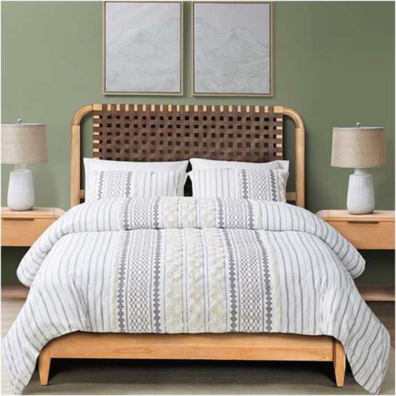 JERFIT Queen Size Bed Frame with Woven Faux Leather Headboard, Mid-Century Modern Platform Bed, Solid Wood Structure, Caramel Maple Finish